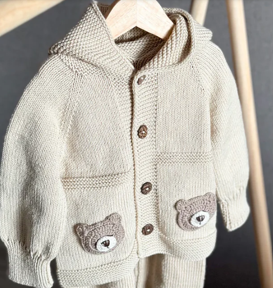 6-12M Hand Knitted Baby Cardigan with Bear