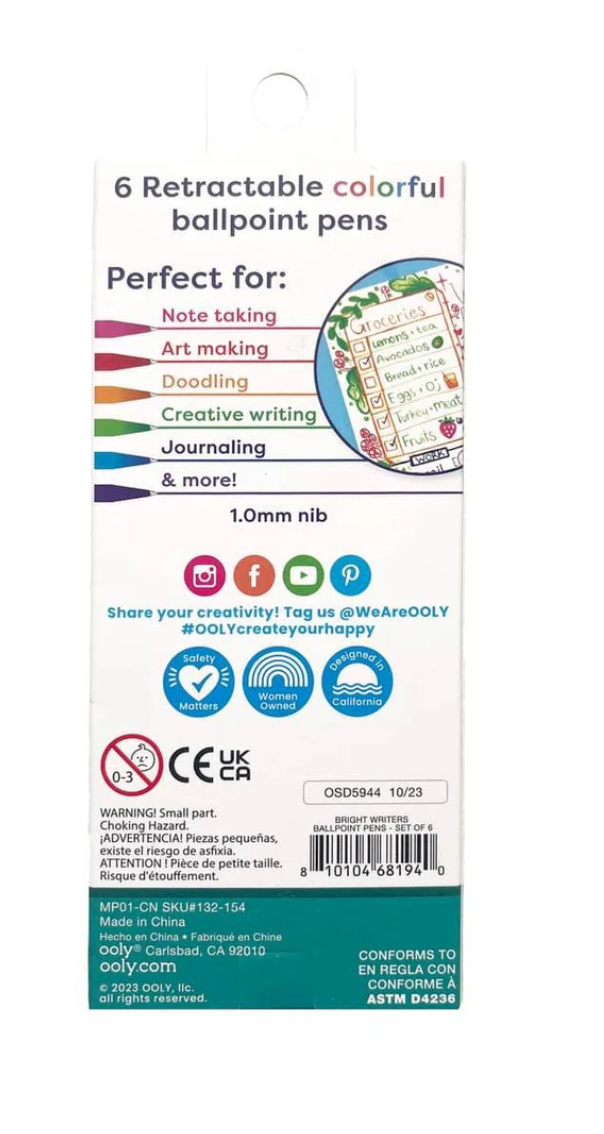 Bright Writers Colored Ink Rectractable Ballpoint Pens