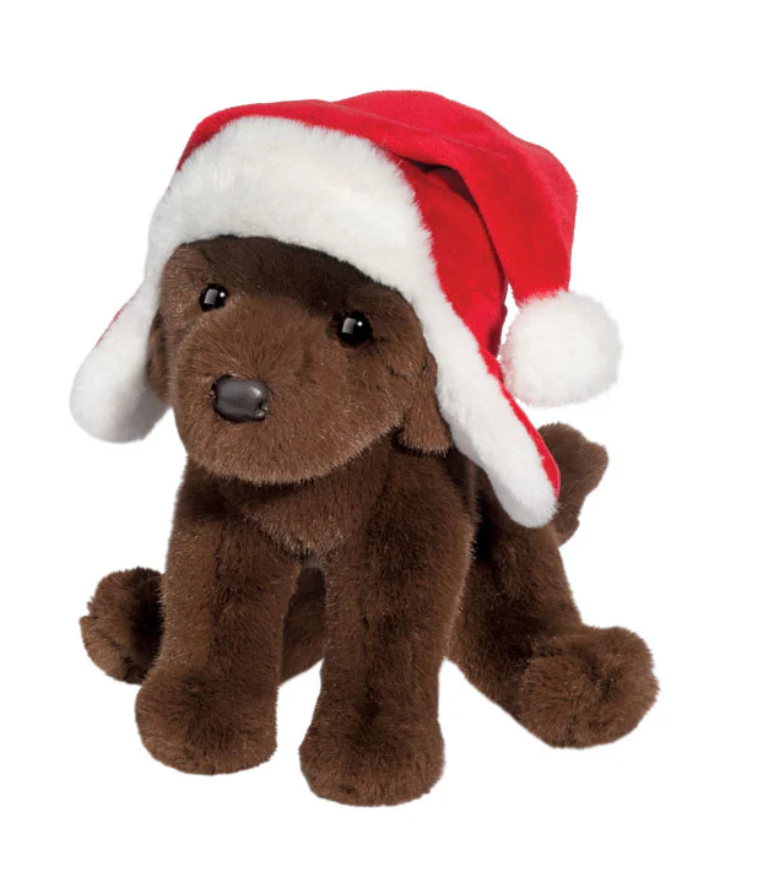 Chocolate Lab with Santa Bomber Hat