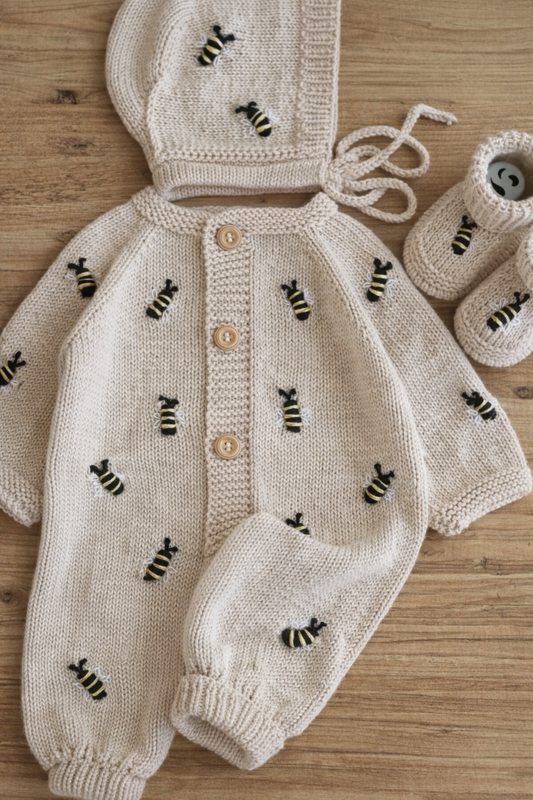 Hand Knitted and BEE Embroidered 3 Pc Heirloom Set-