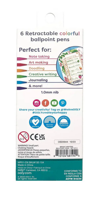 Bright Writers Colored Ink Rectractable Ballpoint Pens