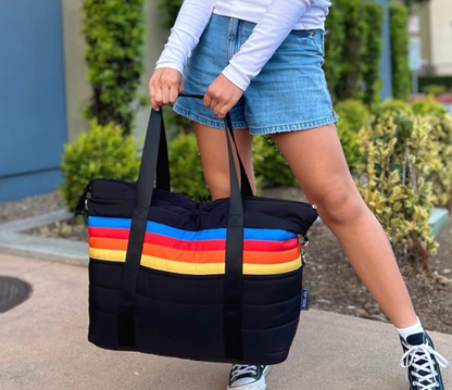 Black Retro Stripe Puffer Tote Bag