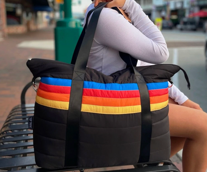 Black Retro Stripe Puffer Tote Bag