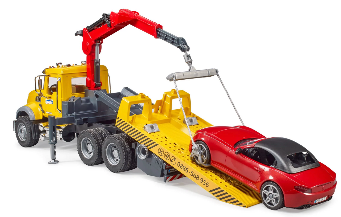 MACK Granite Tow Truck with BRUDER Roadster