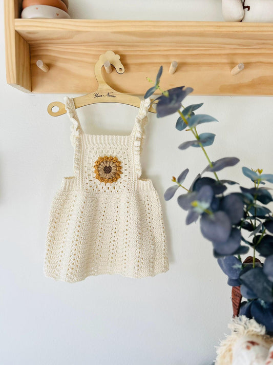 1 YEAR-Crochet Baby Dress, Handmade Cotton Dress, Soft Sunflower Dress for Baby