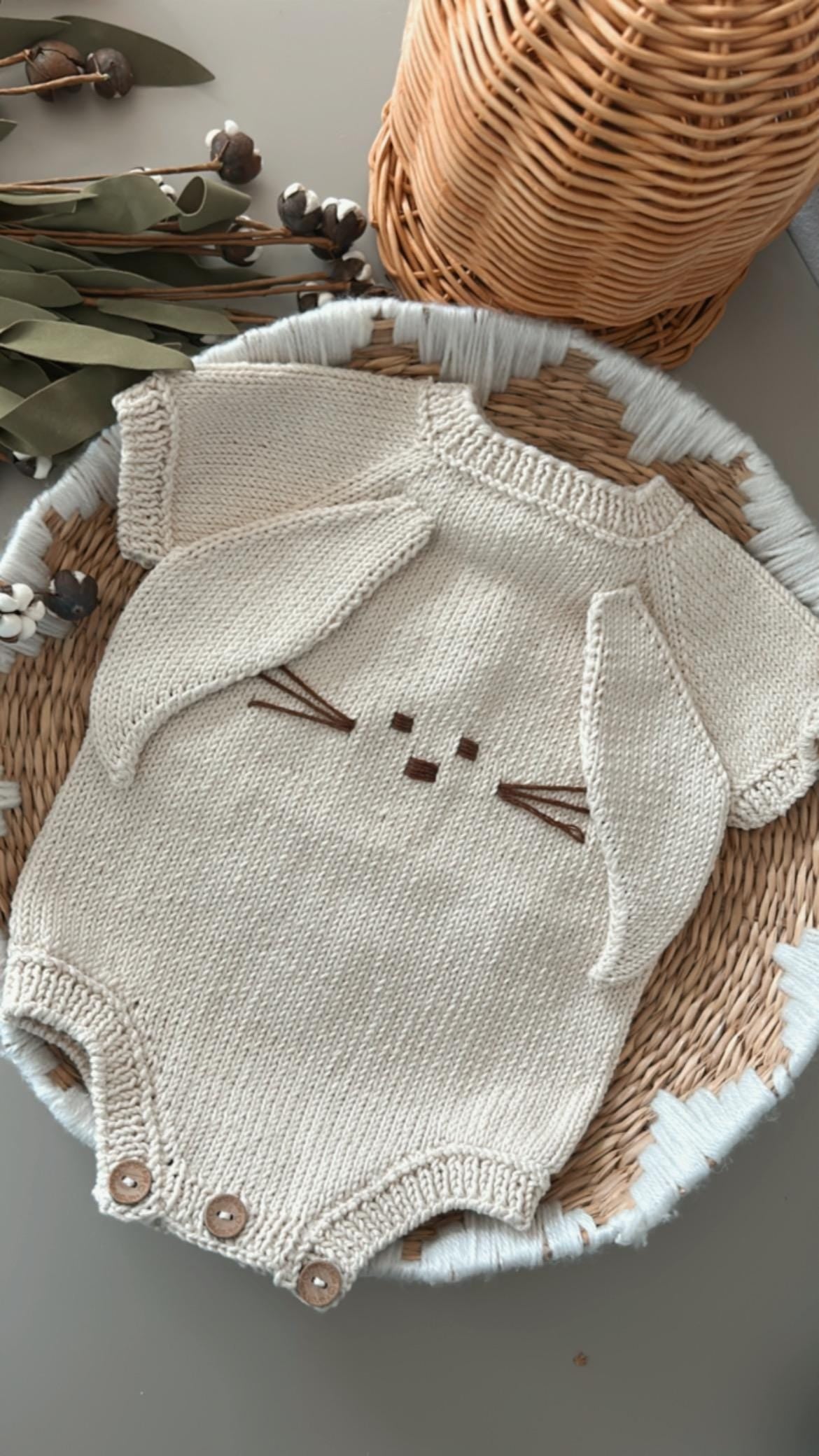 Knitted Bunny Baby Romper – Handmade Heirloom Outfit for Newborns (0–6 Months)